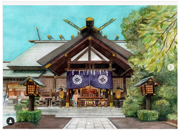倉中るなの水彩画。神社の本殿が描かれている